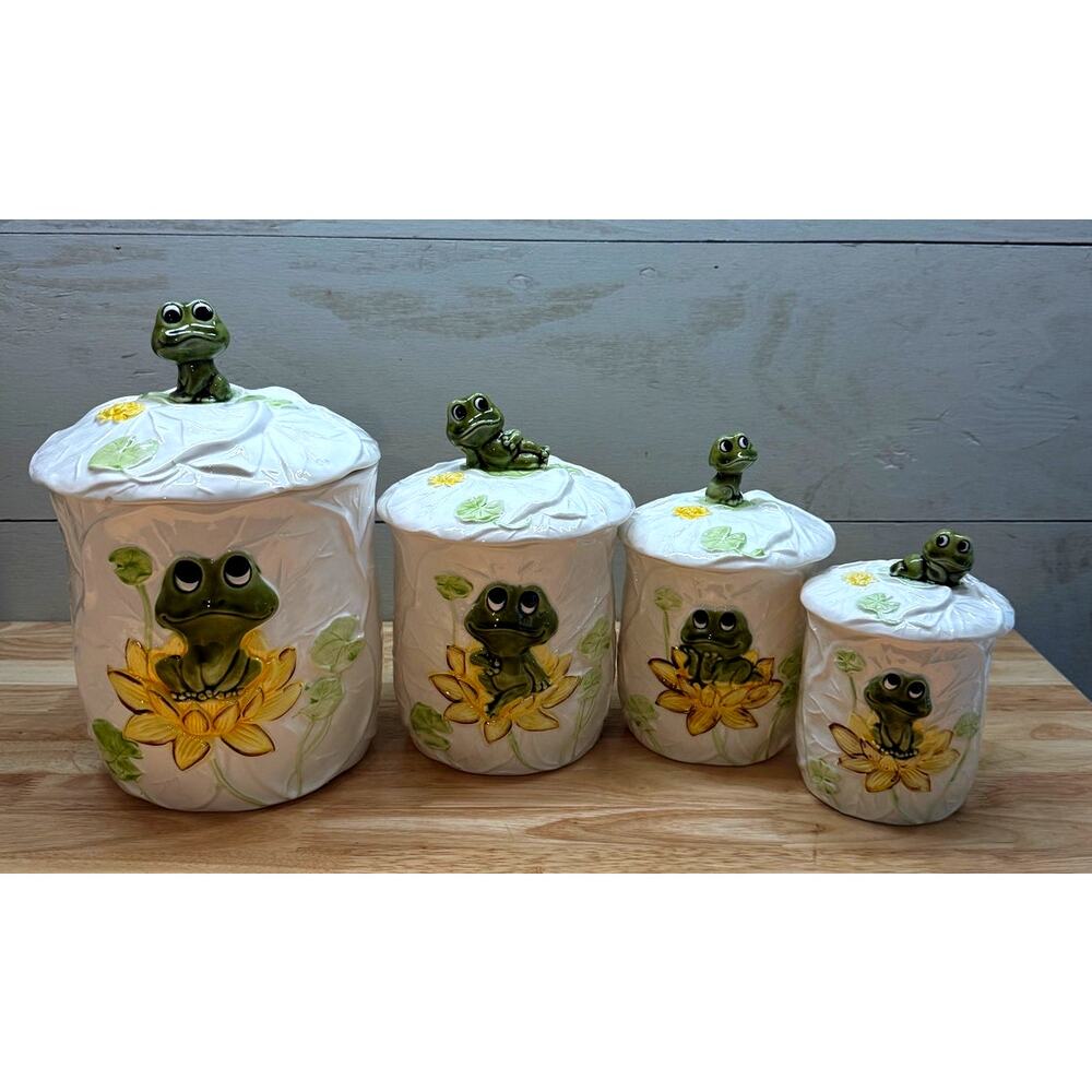 Neil The Frog Vintage Sears Roebuck Ceramic Canister Set of 4 New Old Stock 1977